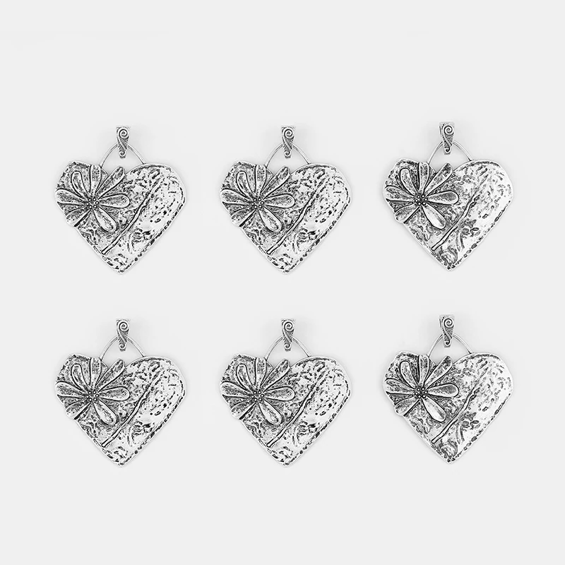 5pcs Large Hammered Heart Carved Flower Charms Pendants DIY Necklace Jewelry Making Findings 67*66mm | Украшения и аксессуары