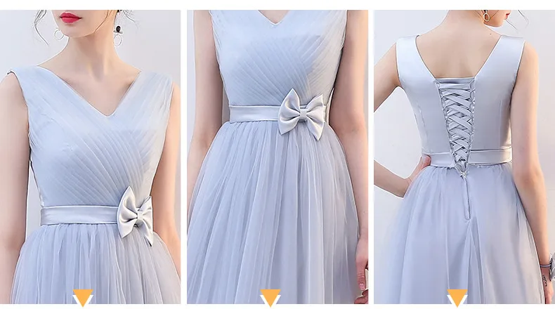 

KBS021#Grey Net yarn short lace up V-neck Bow Bridesmaid Dresses Bre wedding party prom dress girl 2019 wholesale cheap clothing