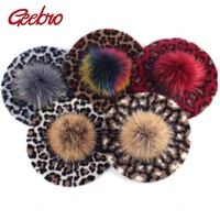 geebro womens leopard beret hat with raccoon fur pompom winter cashmere warm french artist berets for femme ladies wool hats