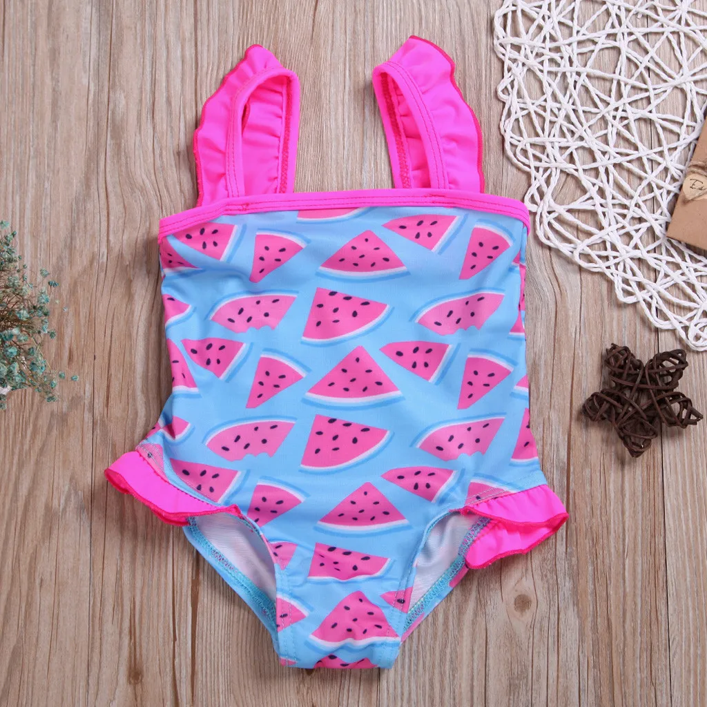 swimwear girls kids Polyester One Piece Swimsuit Bathing Suit Bikini Beach Fruit Ruffled Swimwears Romper Clothes L0517 | Мать и ребенок