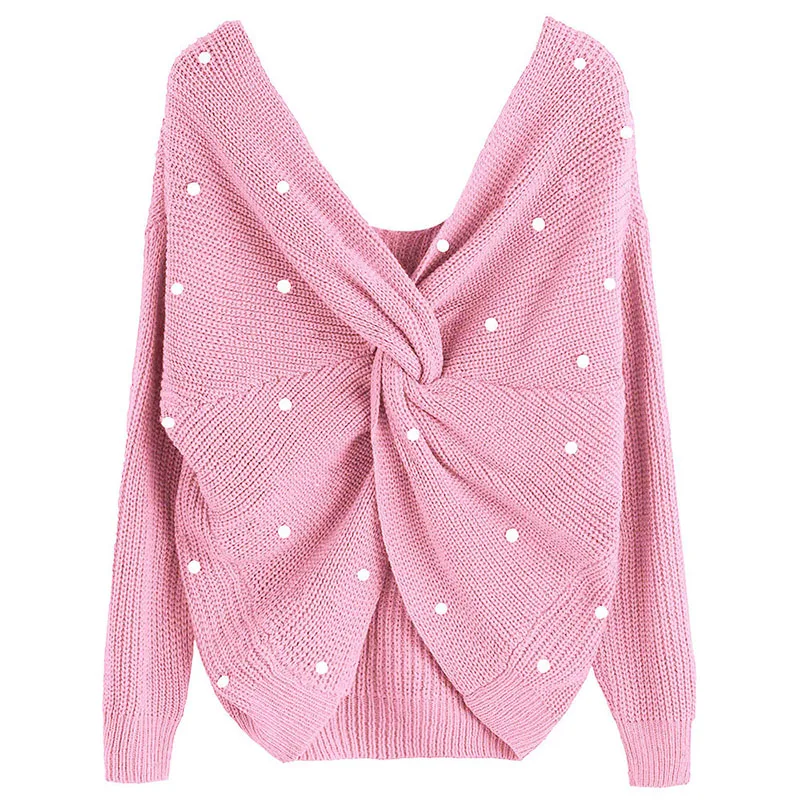 Sexy Backless Cross Pearls Sweater Pullover Jumper Knitting Loose Clothes Female Long Sleeve Knitted Women Winter | Женская одежда