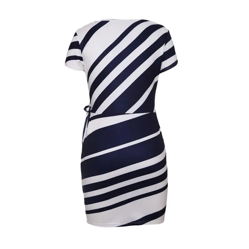 

ADEWEL 2019 Elegant Striped Women Sheath Work Dress Office Style Short Sleeve Pencil Knee-length Bodycon Party Dress