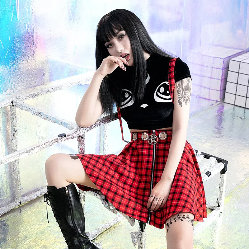 Женская мини юбка на подтяжках летняя школьная в стиле панк Харадзюку с