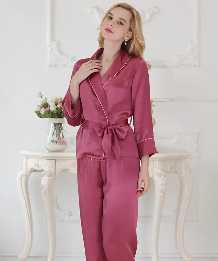 Женский пижамный комплект из чистого шелка с поясом, ночная рубашка M L XL YM008 - Цвет: purple red