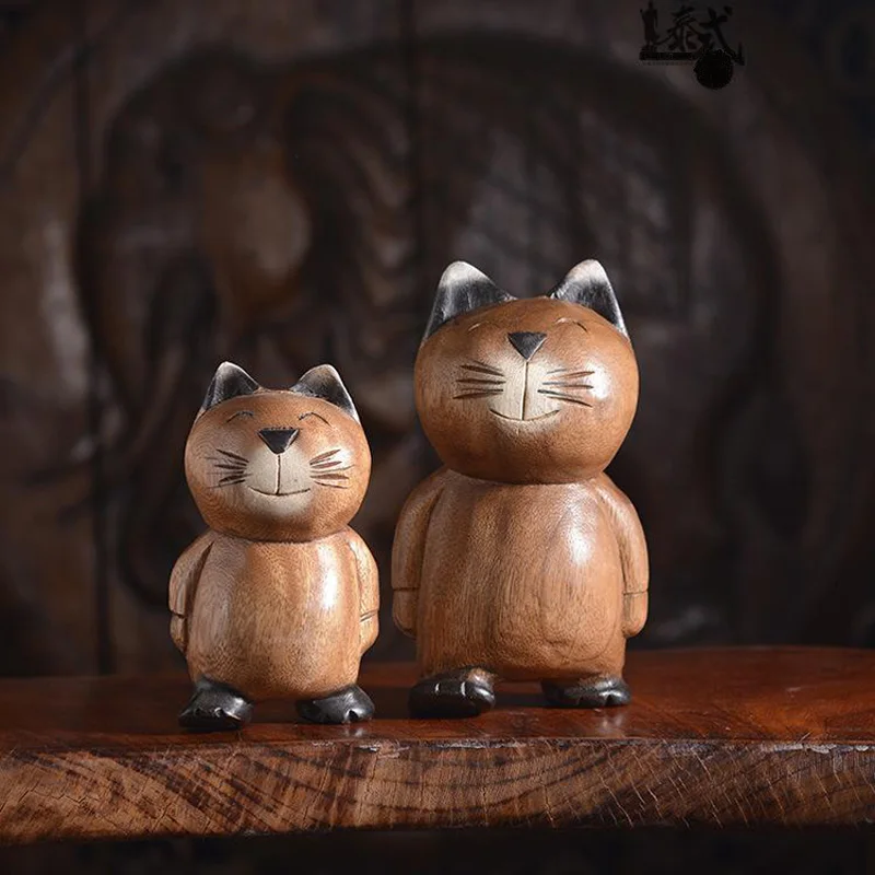 Thailand Solid Wooden Carving Kitty Cat Animal Handicrafts Sculpture/Home Room Interior Showpiece Miniature Decor Accessories