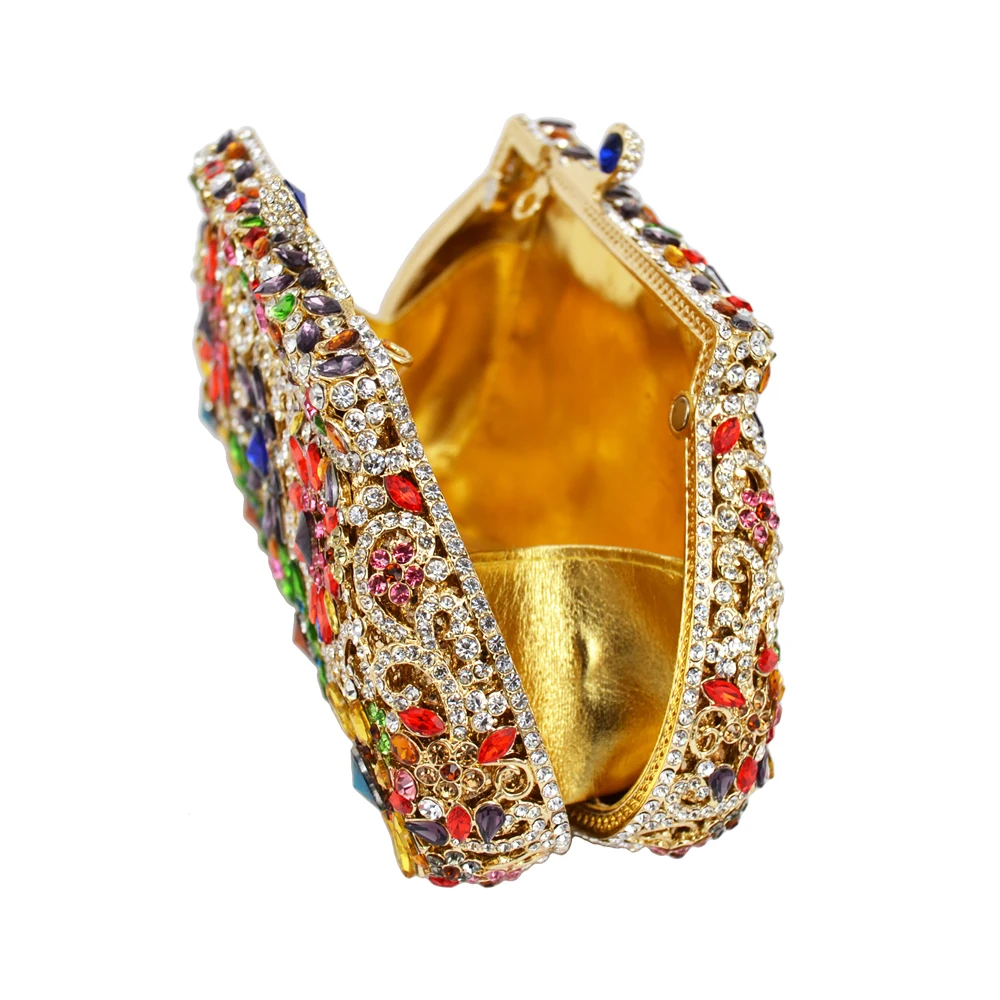 Цветок розы клатч золотого цвета с украшением в виде кристаллов роскошные