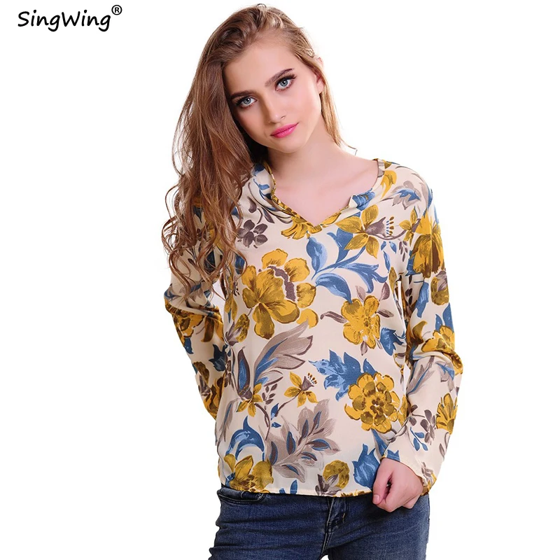 Новинка 2016. Женская блузка из шифона. Рисунок -цветы длинный рукав V-образный