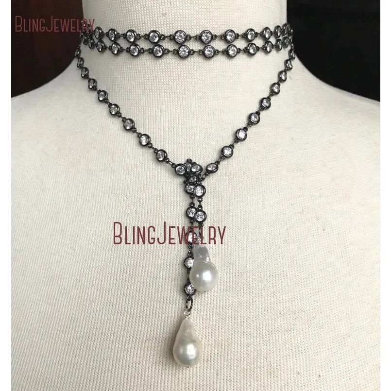 Baroque Freshwater Pearl Lariat Necklace with Gunmetal Crystal Chain LN19966