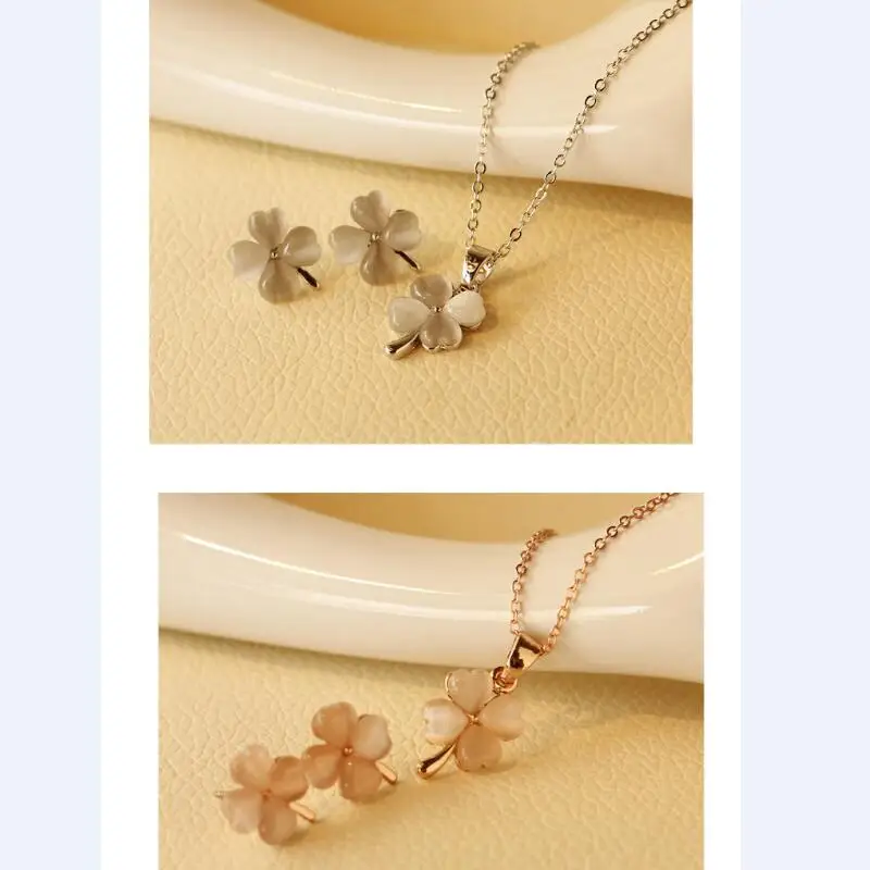 Quality real cat eye opal stone 4 Leaf Leaves clover necklace earrings charms women party girl fashion jewelry set | Украшения и