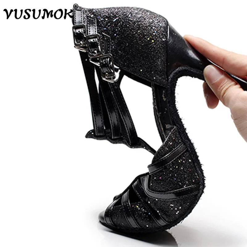 VUSUMOK Women Modern Tango Dance Shoes Girls Latin Velvet Net Dancewear Open Toe Square Lace Heels Plugs size33-43 | Спорт и
