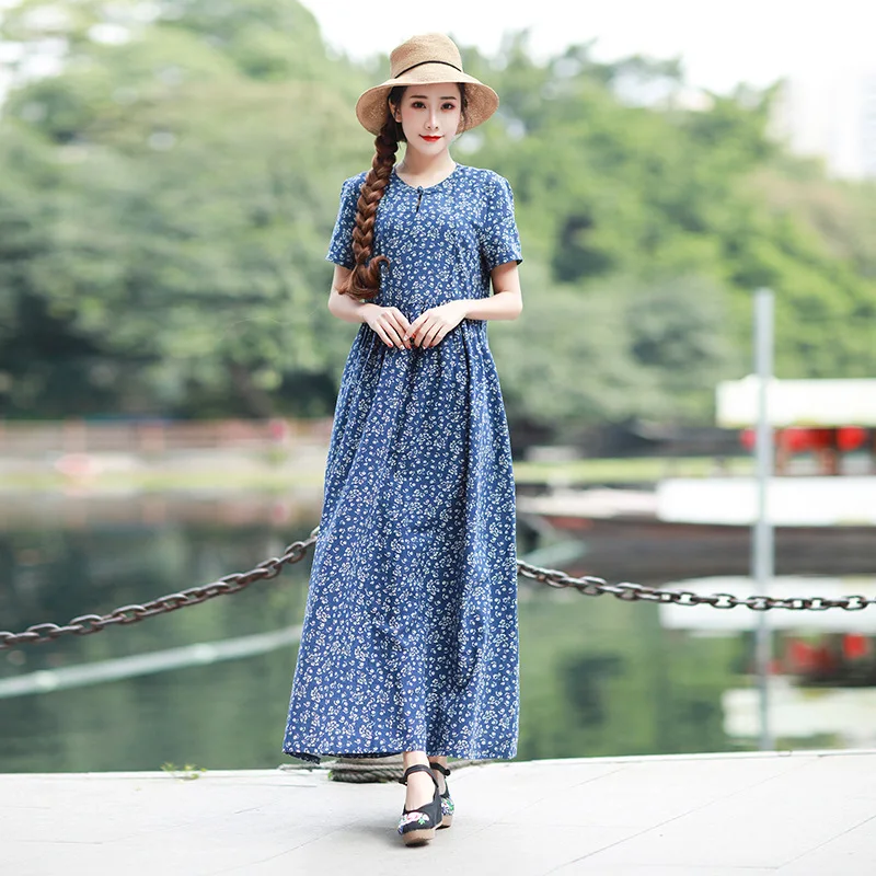 Summer Dresses Women Printed Indie Folk V-Neck Collar Frog Button Loose Short Sleeve Casual Female Ankle-Length Fashion | Женская одежда