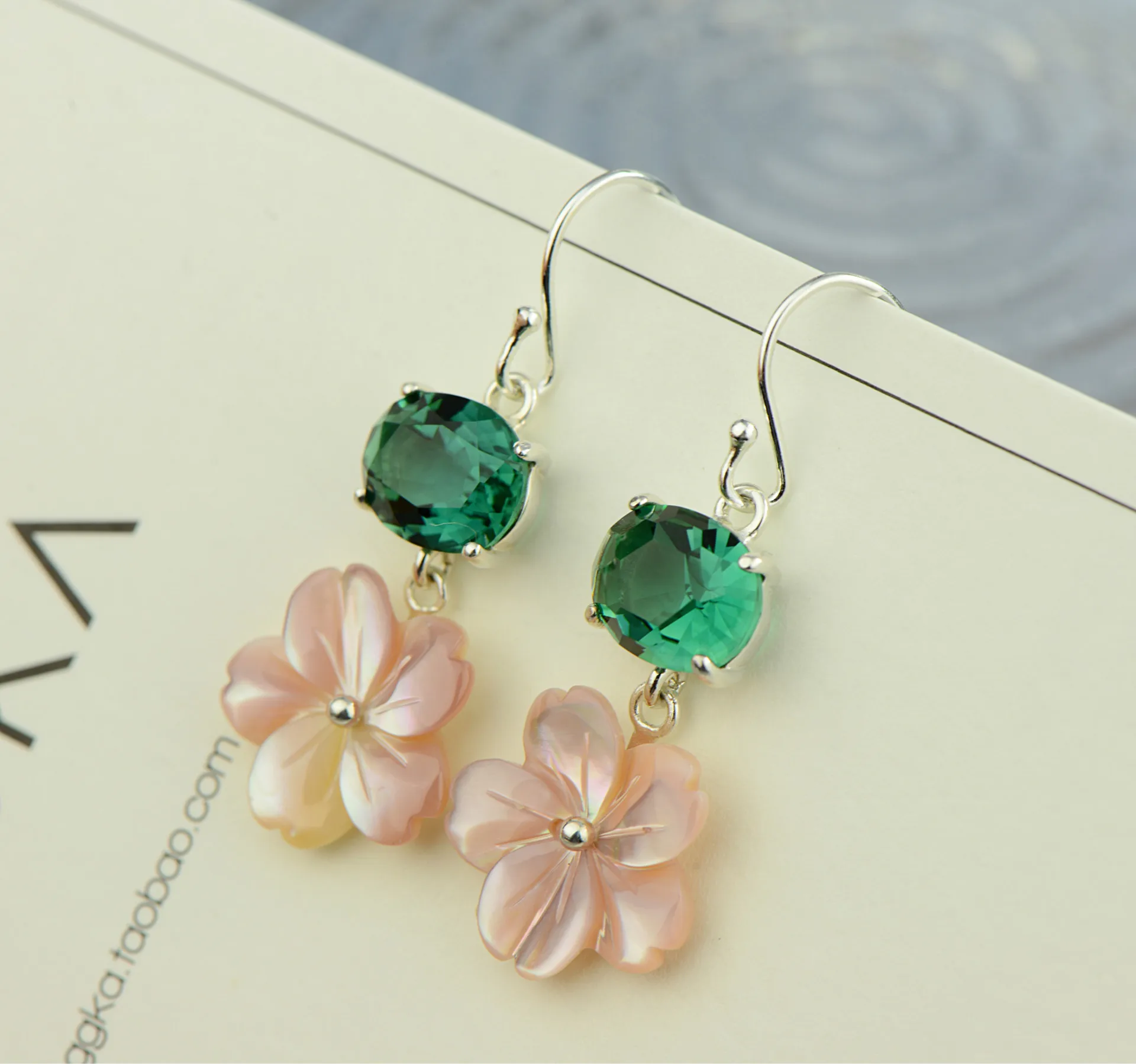 new product S925 Silver Mosaic Cherry Blossom shell earring green crystal eardrop elegant female beautiful long | Украшения и