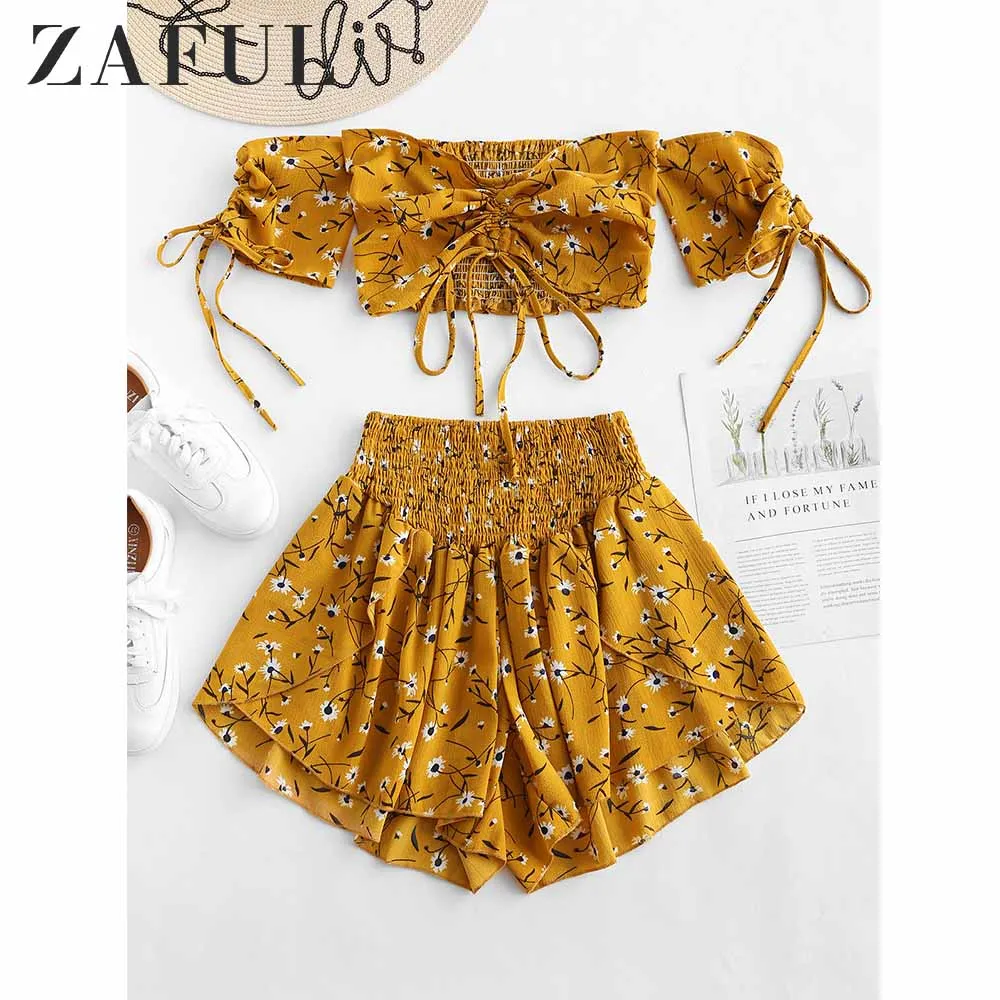 ZAFUL Бохо Костюм Женский Набор Летняя Мода Пляж Топ Цветочный Принт И Шорты Из Двух