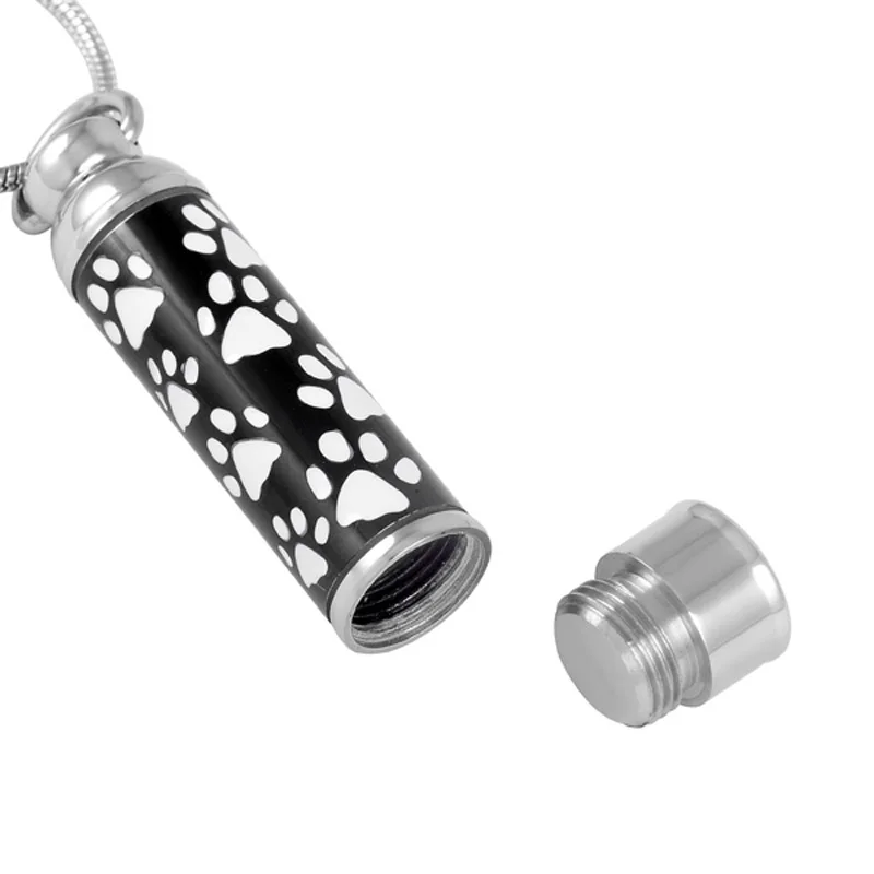 KJ8376 Free Filling Kit &amp Instructions White Paws Printed Black Tube Urn Ash Holder Animal Cremation Necklace Stainless Steel | Украшения
