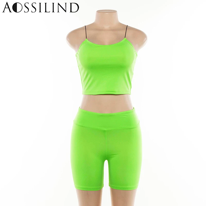 Женский облегающий Топ AOSSILIND неоново зеленый топ на бретельках и шорты комплект