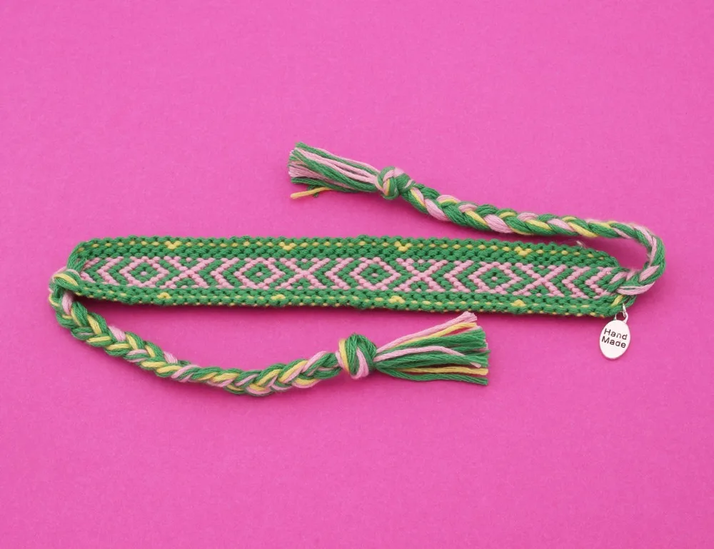 multicolored boho chic woven friendship bracelet cute life green pink yellow embroidery thread macrame cross prismatic | Украшения и
