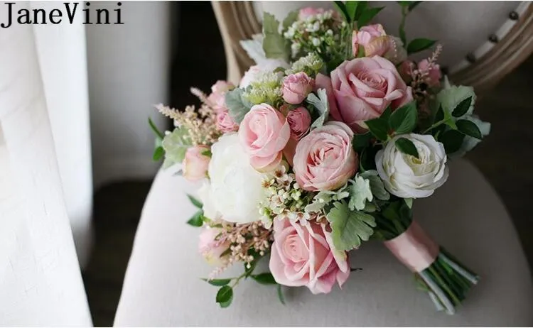 JaneVini Artificial Blush Pink Bride Bouquet Rose Vintage White Peony Silk Flower Wedding Bouquets Fake Bridal Brooch Holder | Свадьбы и
