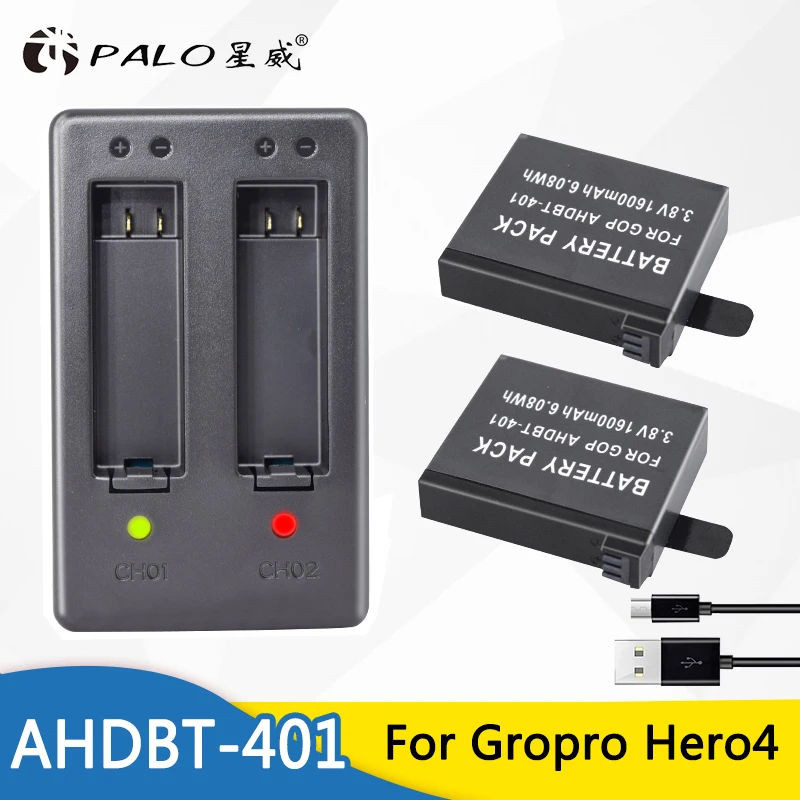 

2Pcs 1600mAh Gopro Hero 4 Battery + LED 2-Slots USB Charger for GoPro HERO4 GoPro AHDBT-401 Action Camera Bateria