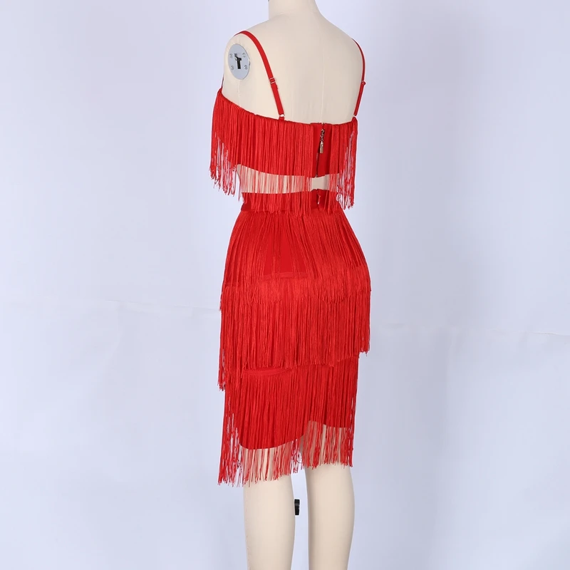 Ocstrade Women Elegant Summer Bodycon Dress New Fashion Tasseled Red Sexy Spaghetti Strap Bodycon Dress Nightclub Party