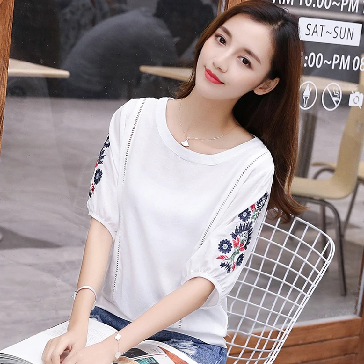 New 2019 Spring Summer Fashion Embroidery Floral Chiffon Women Blouses Shirt Simple Loose Buckle Short Sleeve Top Blusas D872 30 |