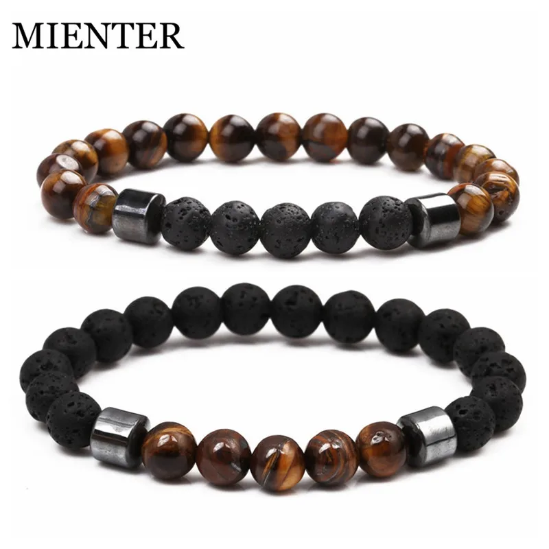 Fashion Couple Lava stone Natural Tiger Eye Stone bracelet men women hand made Friendship Bangles High Quality MIENTER | Украшения и