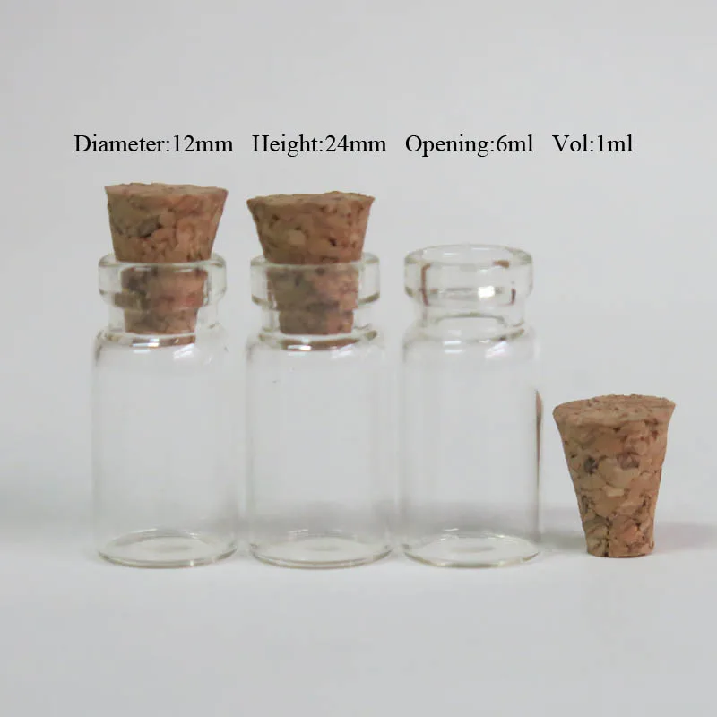 100 x 1ml Mini Clear Glass Bottle with Wood Cork 1cc Small Cork Stopper Transparent Glass Sample Vials Wishing Bottle Containers