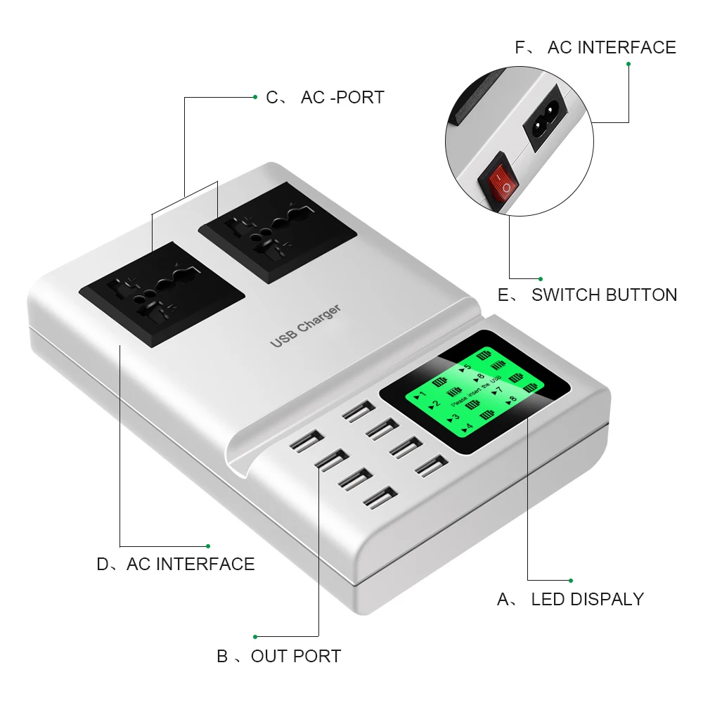 KOOYUTA многопортовое настольное зарядное устройство 8 usb-хаб ЖК-дисплей розетка переменного тока розетка удлинитель адаптер держатель телефона для huawei