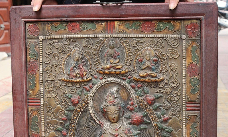 Tibet Wood Painting Green Tara Mahayana Buddhism enlightenment Goddess Thangka |