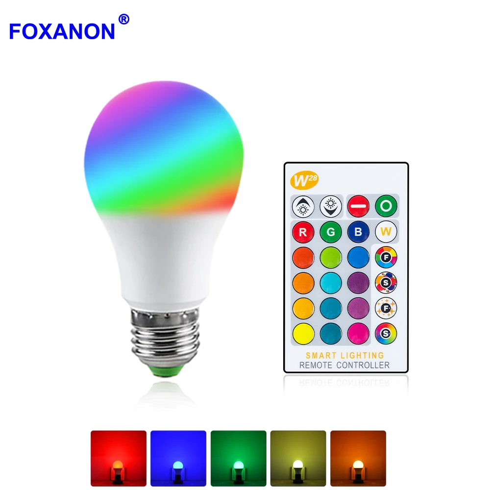 Foxanon светодиодный светильник E27 RGB светодиодный светильник 5 Вт 7 Вт 10 Вт 15 Вт RGBW умный Диммируемый Ампульный светодиодный светильник для домашнего праздничного декора+ пульт дистанционного управления