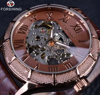 forsining skeleton steampunk wristwatch brown genuine leather strap men mechanical self wind watch top brand luxury automatic