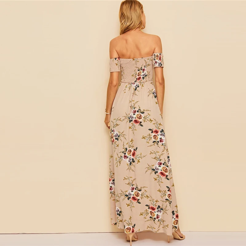 SHEIN Платье С Открытыми Плечами И Цветочным Принтом Летнее Макси Платье Без Рукавов