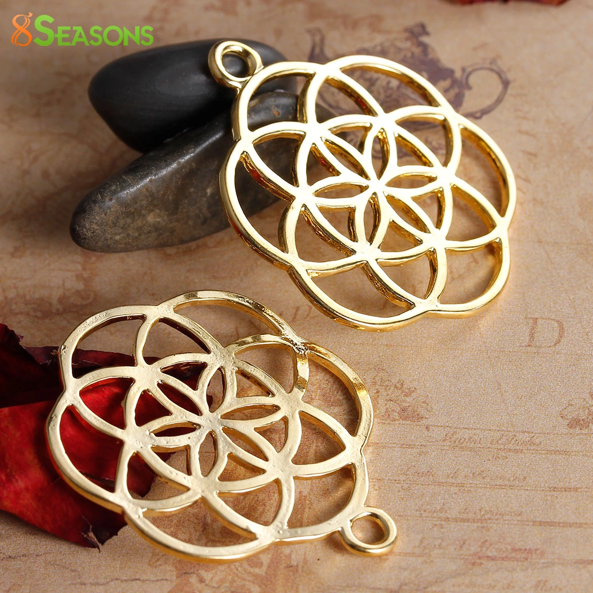 

8SEASONS Zinc Based Alloy Seed Of Life Pendants Flower gold-color Hollow Carved 42mm(1 5/8") x 34mm(1 3/8"), 5 PCs