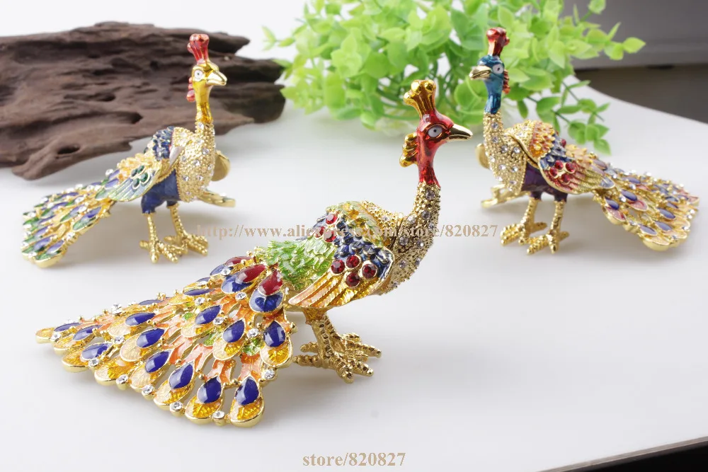 Nature Keepsake Box, Trinket Box, Painted, Blue, Yellow and Green Peacock Trinket Box Peacock Jeweled Enamel Metal Display Box