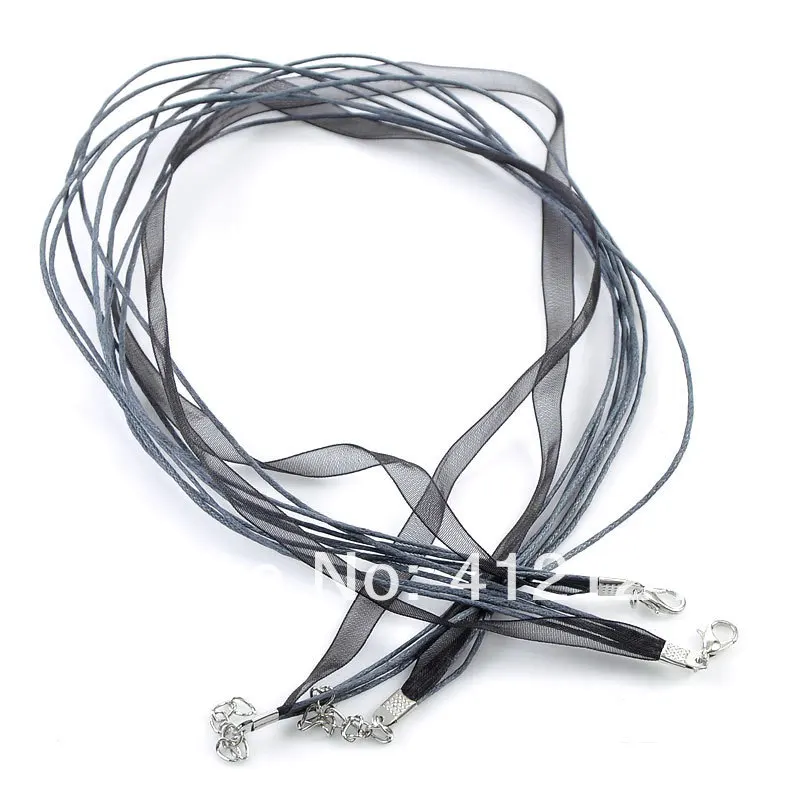 

60Pcs Black Grey Organza Ribbon Waxen Cord Lobster Clasps Necklaces Creation Jewelry Component 43.2cm