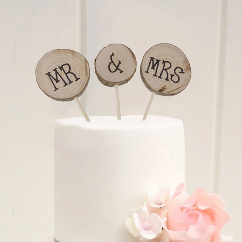 3Pcs/Set Wooden Cake Toppers Round Mr &amp Mrs Shabby Chic Rustic Wedding Topper Pick Decoration Colorful | Дом и сад