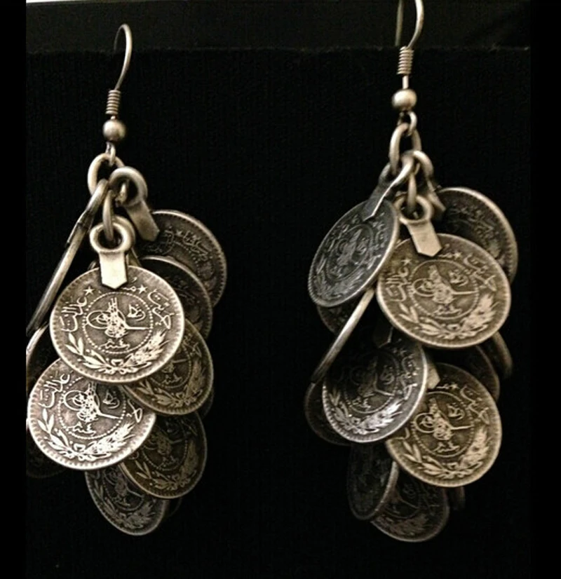 

Bohemian Gypsy Zamac Vintage Tibetan Silver Cluster Coin Statement Dangle Earrings For Women