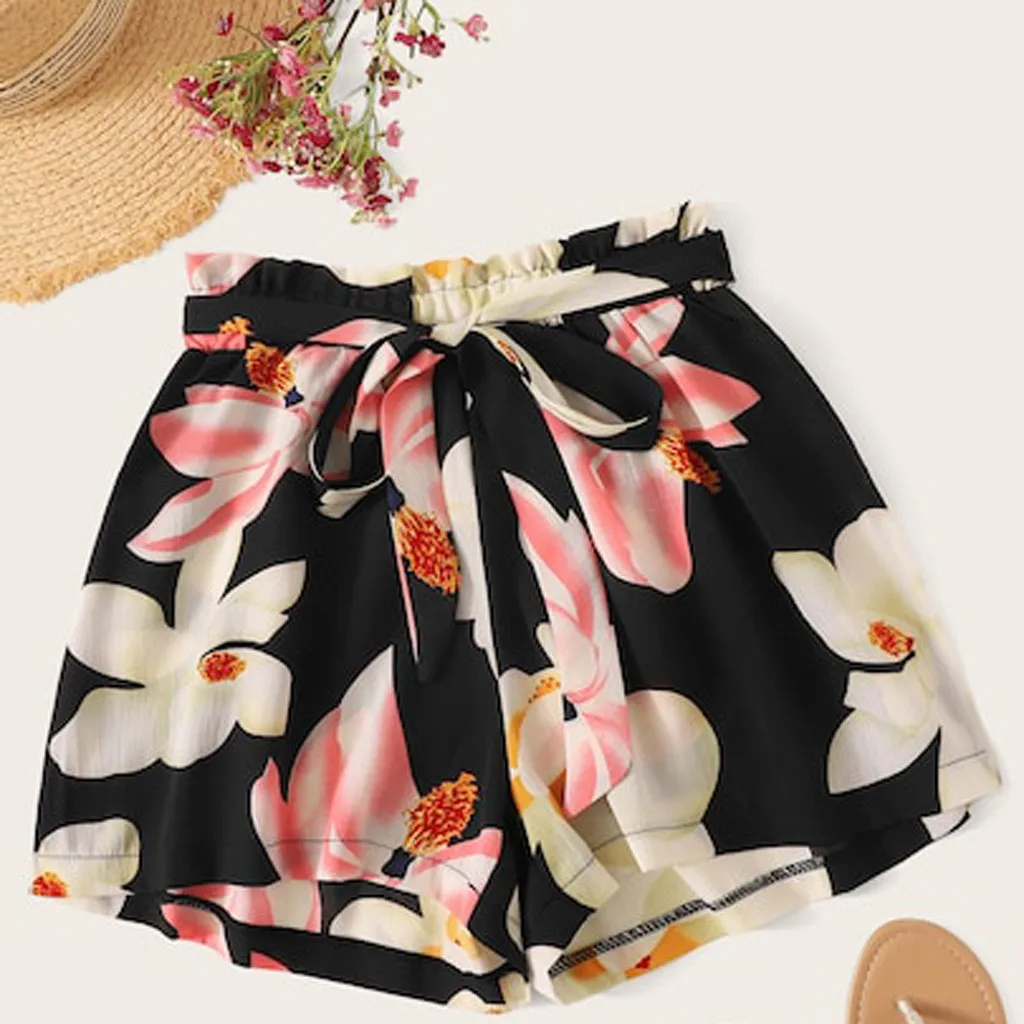 JAYCOSIN Women Clothes Shorts Sexy Plus Size Foral Printed Bow Bandage Shorts Female Elastic Waist Loose Wide Leg Shorts Ladies