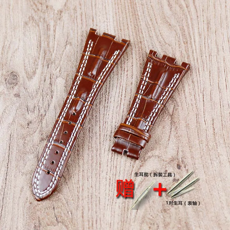 Brown white line Механические часы аксессуары 28 мм кожаный ремешок для AP Королевский дуб морской водонепроницаемый бизнес повседневный мужской ремень серии - Цвет ремешка: Brown white line