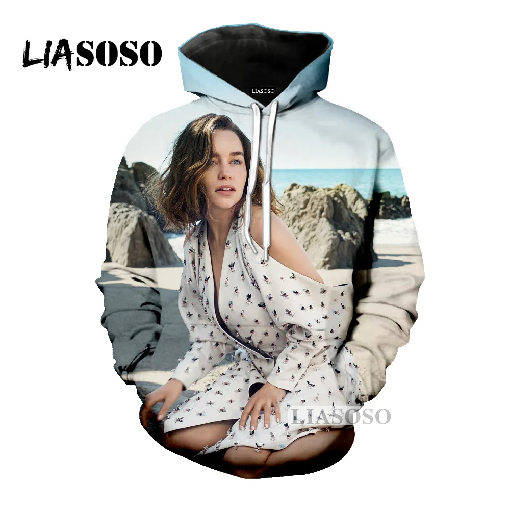 LIASOSO Последняя мода толстовка актер Эмилия Кларк для мужчин и женщин с капюшоном