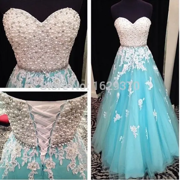 

2016 fashion blue a-line sweetheart tulle floor length pearls beaded prom dresses long hottest cheap women formal dresses gowns