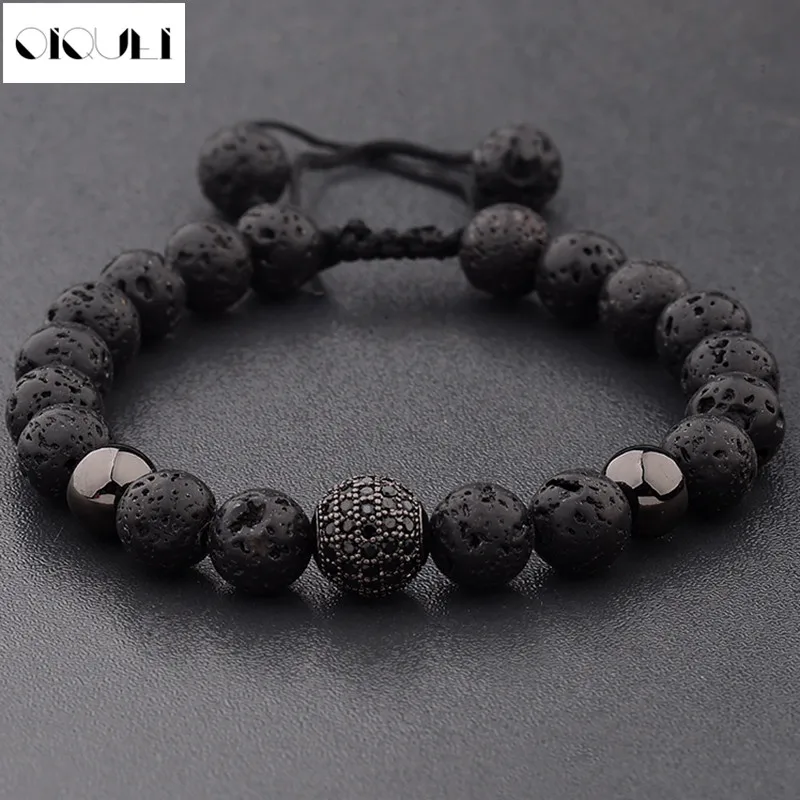 

OIQUEI 2021 Fashion 8mm Micro Pave Stone Beads Bracelet Men Black Lava Round Stone Strand Bracelets&Bangles Pulseras Hombres