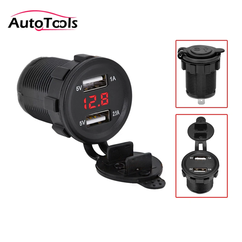 

50pcs/lot via DHL 12V Motorcycle Dual USB Car Cigarette Lighter USB Charger Socket +LED Digital Voltmeter Meter Monitor