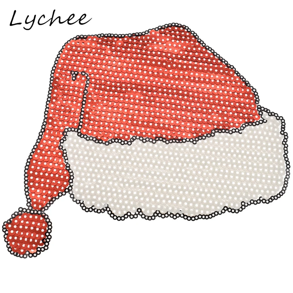 Lychee Cartoon Red Christmas Hat Sequins Patches With Adhesive Iron On Women Children Clothes Bag Sewing Applique | Дом и сад