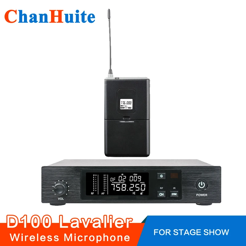 

UHF lavalier Wireless Microphone System Vocal Mic IR Sync 100 Ch Adjustable Bodypack cordless Microphone for Singing Live Show