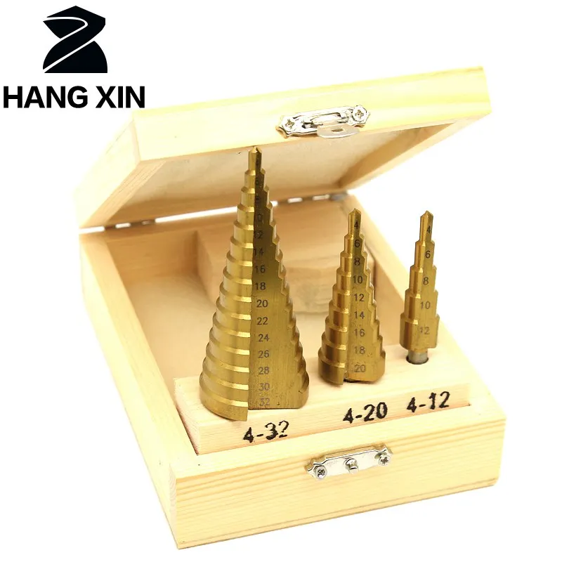 Набор ступенчатых Сверл из быстрорежущей стали комплект 3 насадок с титановым