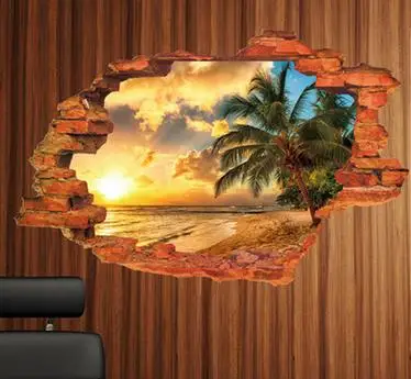 3D ПВХ оконные пейзажи закат морской пейзаж остров кокосовые деревья наклейки на стену виниловые наклейки на стены Детская комната Домашний декор обои - Цвет: C