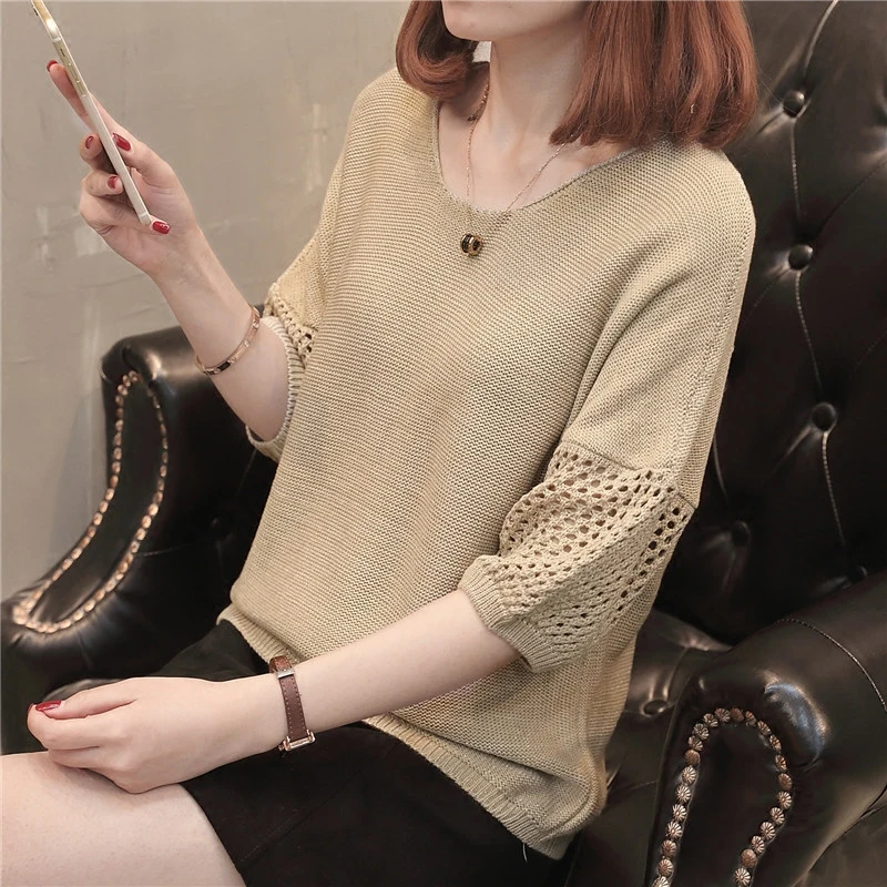 fashion summer women knitwear thin ice silk o-neck lantern half sleeve hollow loose Tops casual knitted all match sweatersFemale | Женская