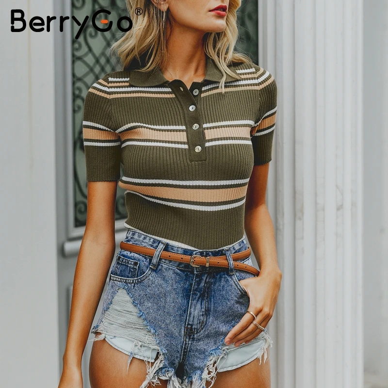 BerryGo Vintage multicolor striped pullover sweater Slim retro knitted sweaters female Streetwear ladies korean jumper | Женская одежда