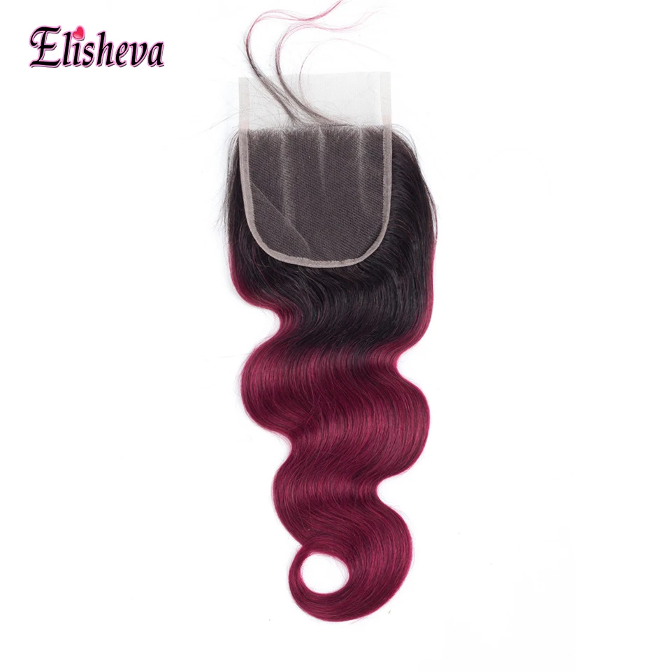 Elisheva темные корни Ombre красный человеческих волос Связки с кружевом Закрытие 1B/Бурганды Бразильский объемная волна Ombre Связки с застежка