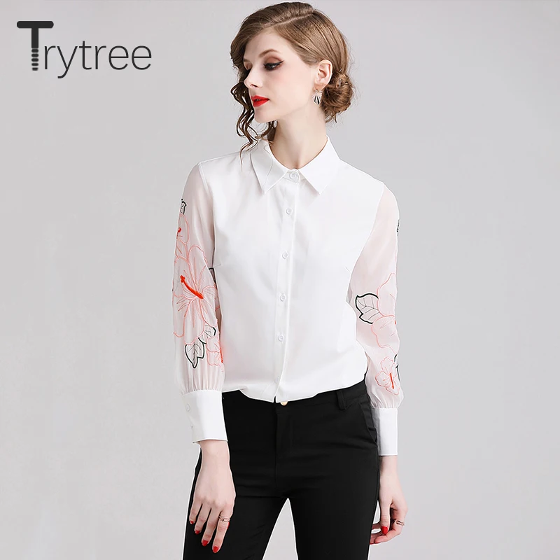 Trytree лето осень женская блузка Повседневная Вышивка рукава полиэстер рубашка